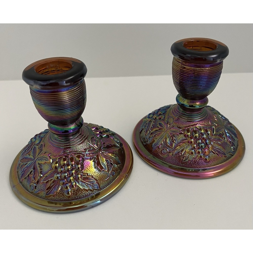 Imperial Glass Grape & Leaf Amethyst Carnival Glass Candle Holders VINTAGE RARE